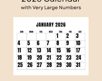 Kalender 2026 met zeer grote cijfers afdrukbaar