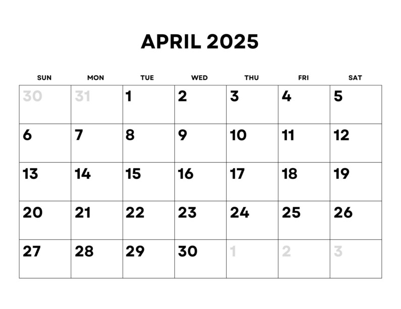2025 Calendar Monthly Printable With Large Numbers Etsy