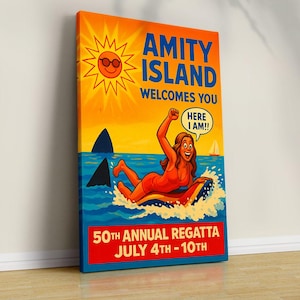 Amity Island “Help! Shark” Jaws Canvas Poster – Iconic Shark Attack Scene for Movie Lovers and Coastal Wall Decor - Canvas