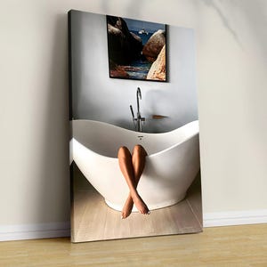 Woman in Bathtub Champagne Print: Black and White Bathroom Wall Art