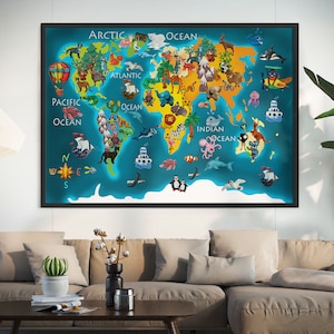 Weltkarte mit Tieren, Lernposter, Kinderzimmerdeko, Kinderzimmerdeko, Weltkarte, Kinderzimmerdeko, Weltkarte, Kinderzimmerdeko