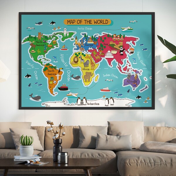 Animal World Map Print, Educational Poster, Nursery Decor, Nursery Map, Childrens Room Decor,World Map Wall Art, Nursery Wall Art, Kids Room