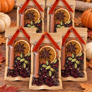May include: Five clear-fronted kraft paper pouches containing mulling spices, each tied with a burnt orange velvet ribbon. The contents include a dried orange slice, a star anise, a cinnamon stick, green cardamom pods, and dark red dried berries.