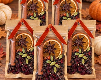 May include: Five clear-fronted kraft paper pouches containing mulling spices, each tied with a burnt orange velvet ribbon. The contents include a dried orange slice, a star anise, a cinnamon stick, green cardamom pods, and dark red dried berries.