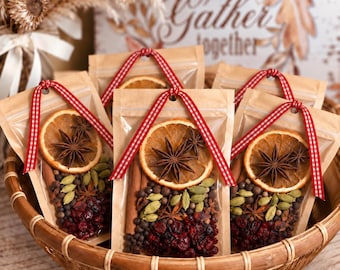 May include: Several clear pouches with brown paper backing contain dried orange slices, star anise, cinnamon sticks, green cardamom pods, dark peppercorns, and red dried cranberries. Each pouch is tied with a red and white chequered ribbon.