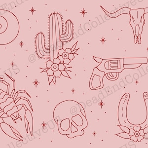 Red Ink Tattoo Flash Sheet | American Traditional western flash | red tattoo | tattoo outline | western wall art