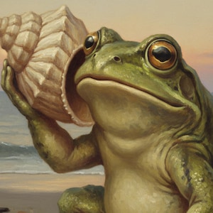 May include: A detailed painting of a green frog holding a large, beige seashell to its ear on a sandy beach. The frog has large, golden eyes and is positioned near driftwood and the ocean. The background features a soft, pastel sunset.