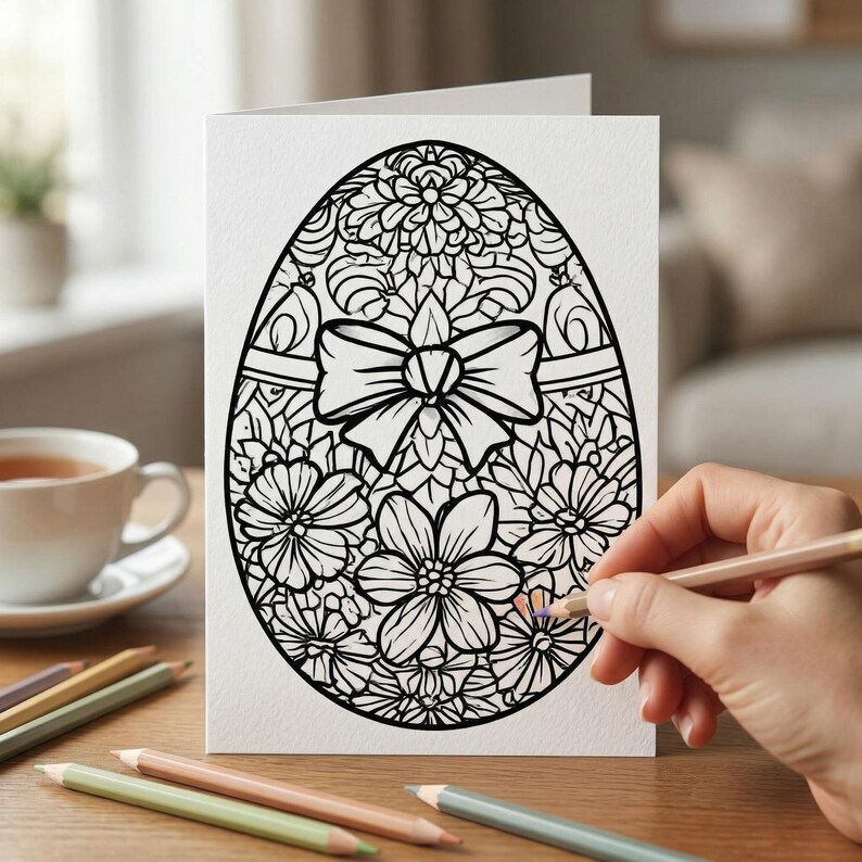 K&ouml;nnte beinhalten: Eine wei&szlig;e Osterkarte mit einem schwarzen floralen Eierdesign und einer Schleife. Eine Hand bemalt das Ei mit einem Buntstift. Buntstifte und eine Tasse Tee stehen auf dem Holztisch.
