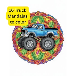May include: A blue monster truck illustration with large black tires, set against a colorful mandala design. The image includes the text "16 Truck Mandalas to color" in a yellow box, suggesting a coloring book theme.