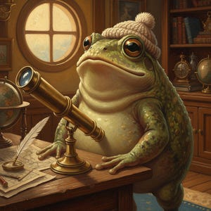 May include: A whimsical illustration of a frog wearing a knit cap, gazing through a brass telescope. The frog is seated at a wooden desk with maps and a quill, in a room with a round window and bookshelves. The frog is green with brown eyes.