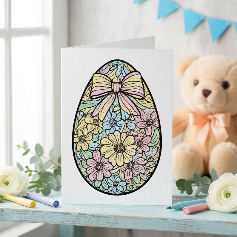 K&ouml;nnte beinhalten: Eine wei&szlig;e Osterkarte mit einem floralen Eierdesign und einer Schleife. Das Ei ist mit pastellfarbenen Blumen in Gelb, Rosa und Blau gef&uuml;llt. Ein Teddyb&auml;r und Blumen sind im Hintergrund.