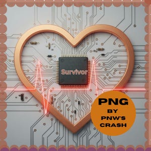 Könnte beinhalten: Digitales Kunstwerk mit einer herzförmigen Kupferkontur auf einem Hintergrund aus einer Leiterplatte. Ein schwarzes Quadrat mit dem Wort "Survivor" befindet sich in der Mitte. Eine rote Herzschlaglinie verläuft durch das Herz. Ein gelber Kreis mit dem Text "PNG by PNW's Crash" befindet sich unten rechts.