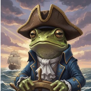 May include: A digital illustration of a frog dressed as a pirate, wearing a brown tricorn hat and a blue coat. The frog is at the helm of a ship, with a sailing vessel in the background, set against a sunset sky.