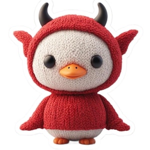 Kiss-Cut Sticker 3d Yarn Chunk Knit Goose in Evil Devil Halloween Costume Cute Plush Goth Hell Style Summerween Devilish Decal Made to Order