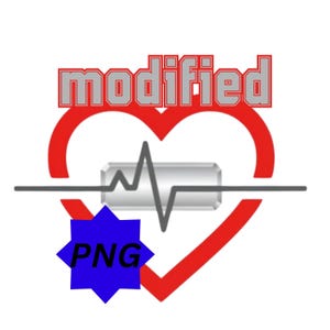 Könnte beinhalten: Eine Grafik mit dem Wort "modified" in roten und grauen Buchstaben über einer roten Herzform. Eine graue Linie mit einer pulsartigen Welle verläuft durch einen silbernen Zylinder. Eine blaue Sternform mit den Buchstaben "PNG" befindet sich unten.