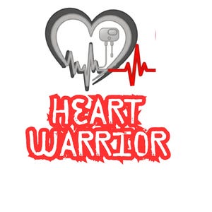 Puede incluir: Gráfico con un diseño en forma de corazón en gris y blanco, con un dispositivo médico y una línea de latido cardíaco roja. Las palabras "HEART WARRIOR" están en texto rojo estilizado.