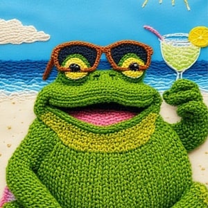 Puede incluir: Una rana verde tejida con gafas de sol y sosteniendo un cóctel con una rodaja de limón. La rana está en una playa con un cielo azul, sol y nubes en el fondo. La rana está sentada en una toalla rosa y blanca.