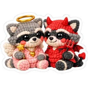 Kiss-Cut Sticker 3d Yarn Knit Heaven and Hell Raccoon Halloween Costume Judgy Summerween Angel & Devil Fun Animal Decals Made to Order