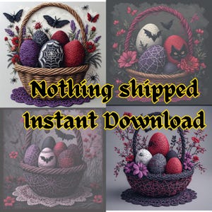 Arte 3D con filato, cestino Dark Academia all'uncinetto, stampa artistica da parete, fiori gotici gotici ricamati in stile Moody per Pasqua, download digitale istantaneo per Pasqua.