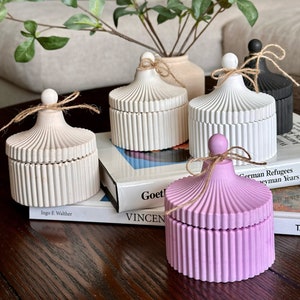 Concrete Candle Jar, Cement Candle Vessel Storage, Round Candle Jar Container, Jewellery Holder Box , Ribbed Cement Vessel Desk Organization