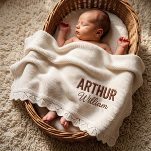 Könnte beinhalten: Ein schlafendes Baby in einem Weidenkorb, bedeckt mit einer cremefarbenen Decke. Die Decke hat eine dekorative Spitzenschneide und den gestickten Text "ARTHUR William" in braunem Faden. Der Korb ist mit weißem Stoff ausgekleidet.