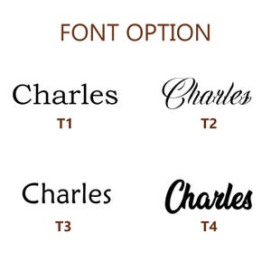 May include: Image displaying four font options for the name "Charles". The text "FONT OPTION" is at the top. The fonts vary in style, from a classic serif to a more stylized script. Each font is labeled with a "T" followed by a number.
