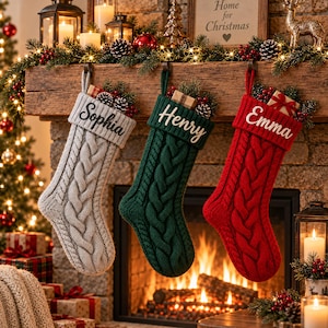 May include: Three cable-knit Christmas stockings in light grey, dark green, and red, each featuring a folded cuff embroidered with the names Sophia, Henry, and Emma respectively, with small gift boxes and pine cones tucked inside the top openings.