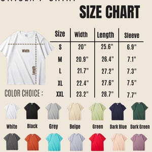 May include: A unisex t-shirt size chart with measurements in inches. The chart includes sizes S to XXL, with corresponding widths, lengths, and sleeve lengths. Color options include white, black, grey, beige, green, dark blue, dark green, dark grey, orange, tiffany, blue, red, pink, and purple.