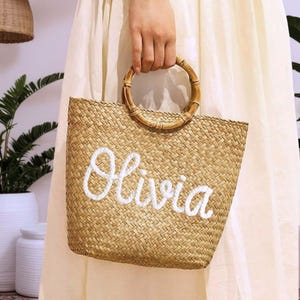 Handmade Raffia Crochet Bag with Bamboo Handles – Natural Straw Purse, Summer Beach Bag, Eco-Friendly Tote