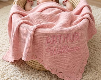 Personalized Embroidered Baby Blanket, Custom Knitted Name Swaddle, Soft Receiving Blanket, Nursery Decor