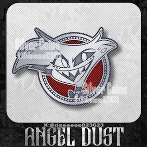May include: A silver and red Angel Dust emblem with a detailed illustration of the character's face, set within a circular frame. The design features sharp teeth and pointed ears, with the text "ANGEL DUST" at the bottom.