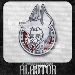 May include: A circular pin featuring a stylized character with a white and gray color scheme, set against a red and silver border. The pin includes the text "ALASTOR" at the bottom and the username "X:@deeeeeee823623".
