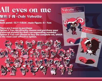 Puede incluir: Una colección de pequeños pines de personajes en colores rojo, negro y blanco. Los pines muestran varias poses de una figura de dibujos animados con cabello rojo. El texto en las tarjetas dice All eyes on me, Velvette y Do you miss me.