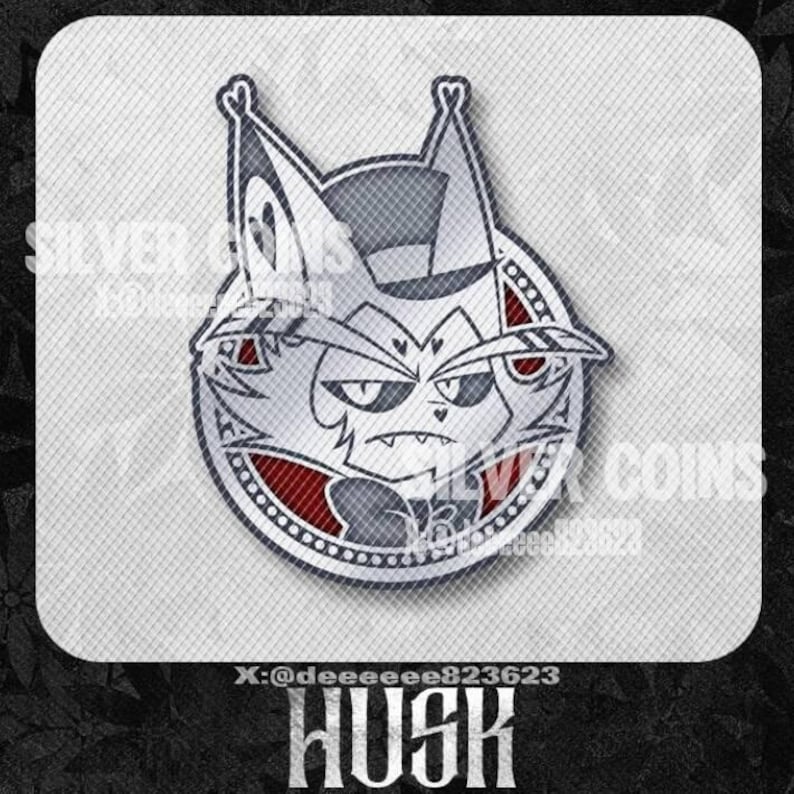 May include: A silver-colored Husk pin with a detailed illustration of the character's face, featuring a top hat and a stern expression. The pin is circular with a red and white border, and the word "Husk" is at the bottom.