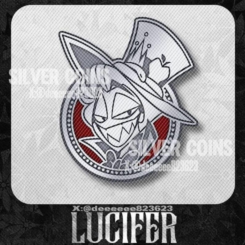 May include: A silver and red Lucifer character design. The image features a detailed illustration of a character wearing a top hat with an apple, set within a circular frame. Text includes "SILVER COINS" and "LUCIFER".