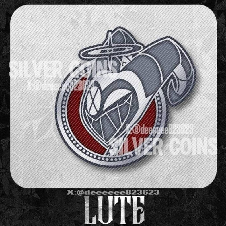 May include: A silver and gray graphic of a lute with a red and silver circular border. The text "SILVER COINS" and "LUTE" are displayed. The design is on a textured gray background.
