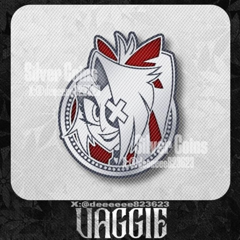 May include: A white and red cartoon character design with a cross on the face, set within a circular frame. The design is on a textured background, with text that reads "Silver Coins" and "UAGGIE".