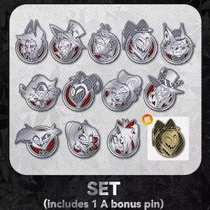 May include: A set of twelve silver-colored enamel pins with red and black accents, featuring various cartoon character designs. The pins are round with detailed illustrations. The word "SET" and the text "(includes 1 A bonus pin)" are at the bottom.
