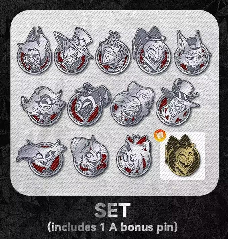 May include: A set of twelve silver-colored enamel pins with red and black accents, featuring various cartoon character designs. The pins are round with detailed illustrations. The word "SET" and the text "(includes 1 A bonus pin)" are at the bottom.