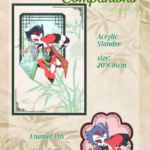 May include: An acrylic standee and enamel pin featuring characters from Helluva Boss. The standee is 20cm x 16cm, and the pin is 5cm. The artwork depicts two characters in a romantic embrace, with the text "Lefilong Companions".