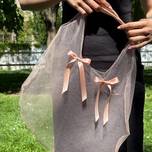 Fairycore Kawaii Mesh Tote Bag – Transparent Beige Organza Purse with Satin Ribbons, Dreamy Handmade Cottagecore Accessory