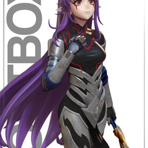 Puede incluir: Una figura coleccionable estilo anime con cabello largo morado, orejas puntiagudas y ojos rojos. El personaje viste un traje negro con armadura metálica plateada y sostiene una lanza dorada. Texto: "LOOTBOX" y "nomnom Figures JANUARY 2026".