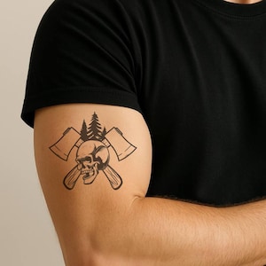 Viking Skull & Axes Temporary Tattoo – Forest Warrior Design