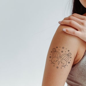 Gemini Zodiac Temporary Tattoo – Minimalist Line Art of Twin Faces I Celestial Horoscope fake tattoos