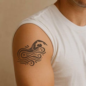 Swimmer in waves temporary tattoo – Fluid artistic design | Sports, Ocean, Movement | Waterproof & Vegan Ink
