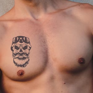Skull Beard Gang Tattoo Design: Vintage Style, Biker Aesthetic, Temporary Tattoo, Retro Skull Illustration for Men, Bold & Unique Look