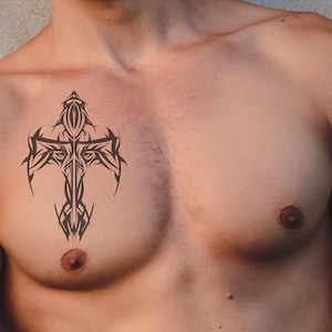 Tribal Cross Temporary Tattoo: Bold Abstract Design, Black Ink, Symbolic Body Art, Perfect for Spiritual Expression & Modern Style