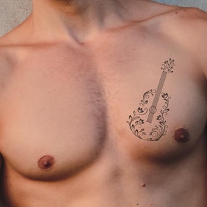 Floral Guitar Temporary Tattoo - Minimalist & Chic Festival Body Art for Music Lovers, Perfect for Concerts, Parties, and Boho Style