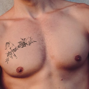 Cherub with Rose Temporary Tattoo – Elegant Vintage Design | Angel fake tattoo – Easy to Apply, Skin-Safe