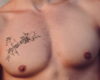 Cherub and Rose Temporary Tattoo - Vintage Angel Design